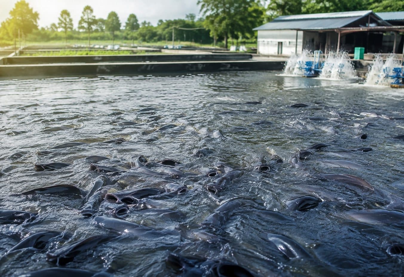Pemandangan udara kolam-kolam ikan Amerta Fishery di Jawa Barat